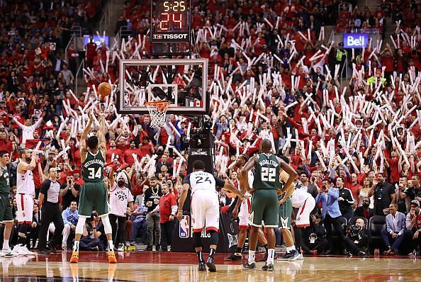 Giannis Antetokounmpo at the free throw line